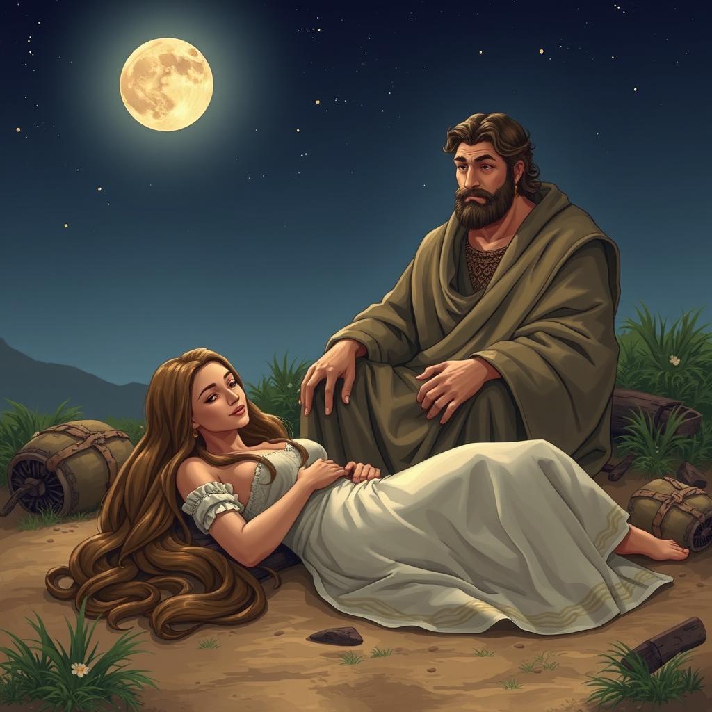 A serene nighttime scene depicting Ruth lying at Boaz's feet under a starlit sky