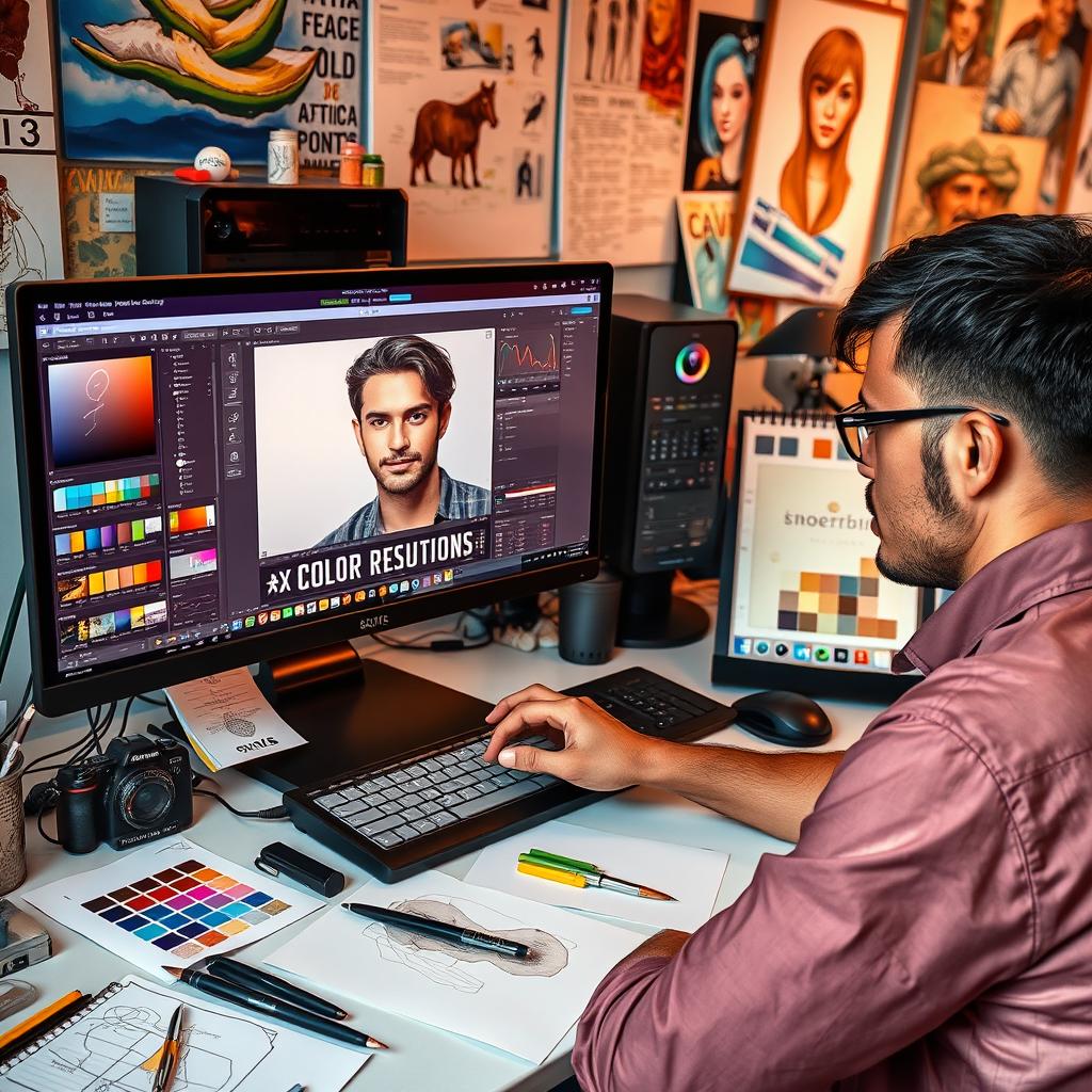 A photo editing scene featuring a skilled digital artist working on a high-resolution image of a person, showcasing a variety of digital tools and software on the computer screen