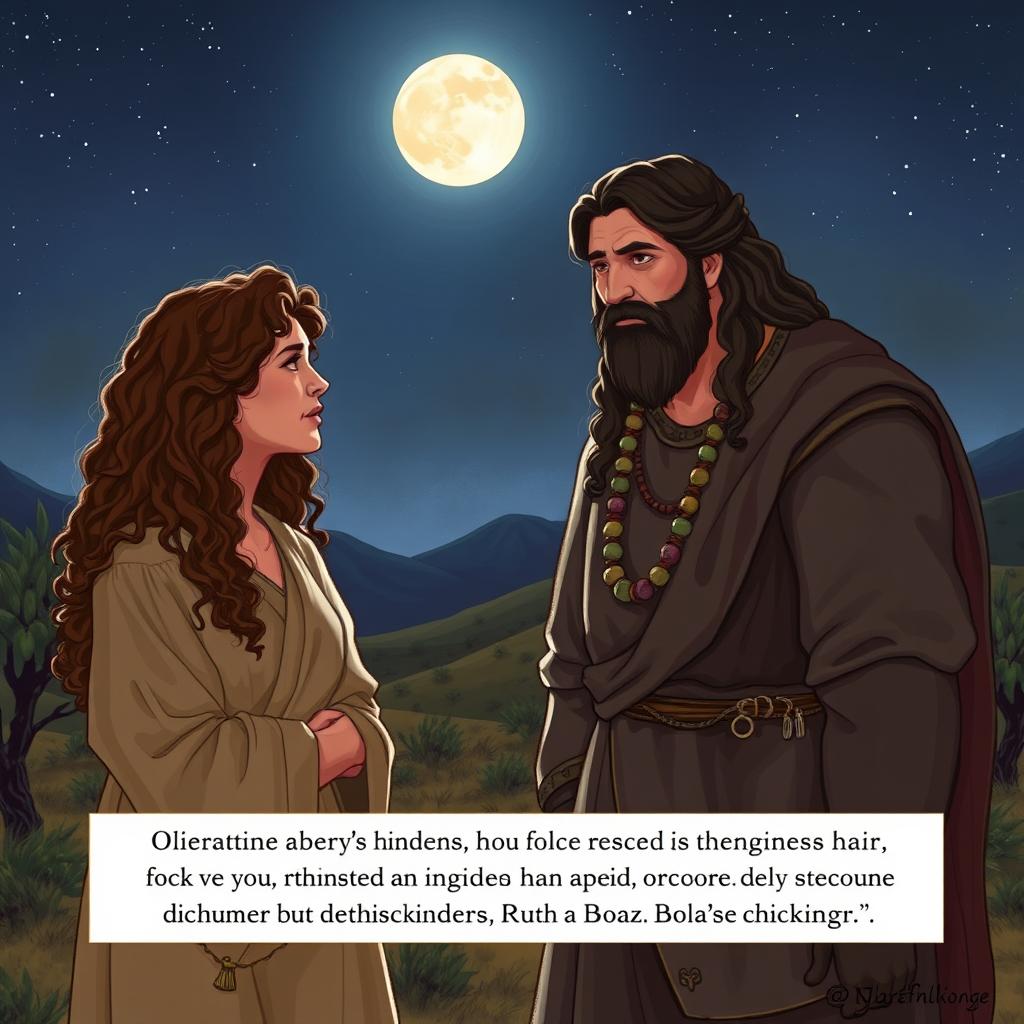 A realistic depiction of a nighttime encounter from the Hebrew Bible, showcasing Ruth, a poor woman with long, curly hair, meeting Boaz, a rich man