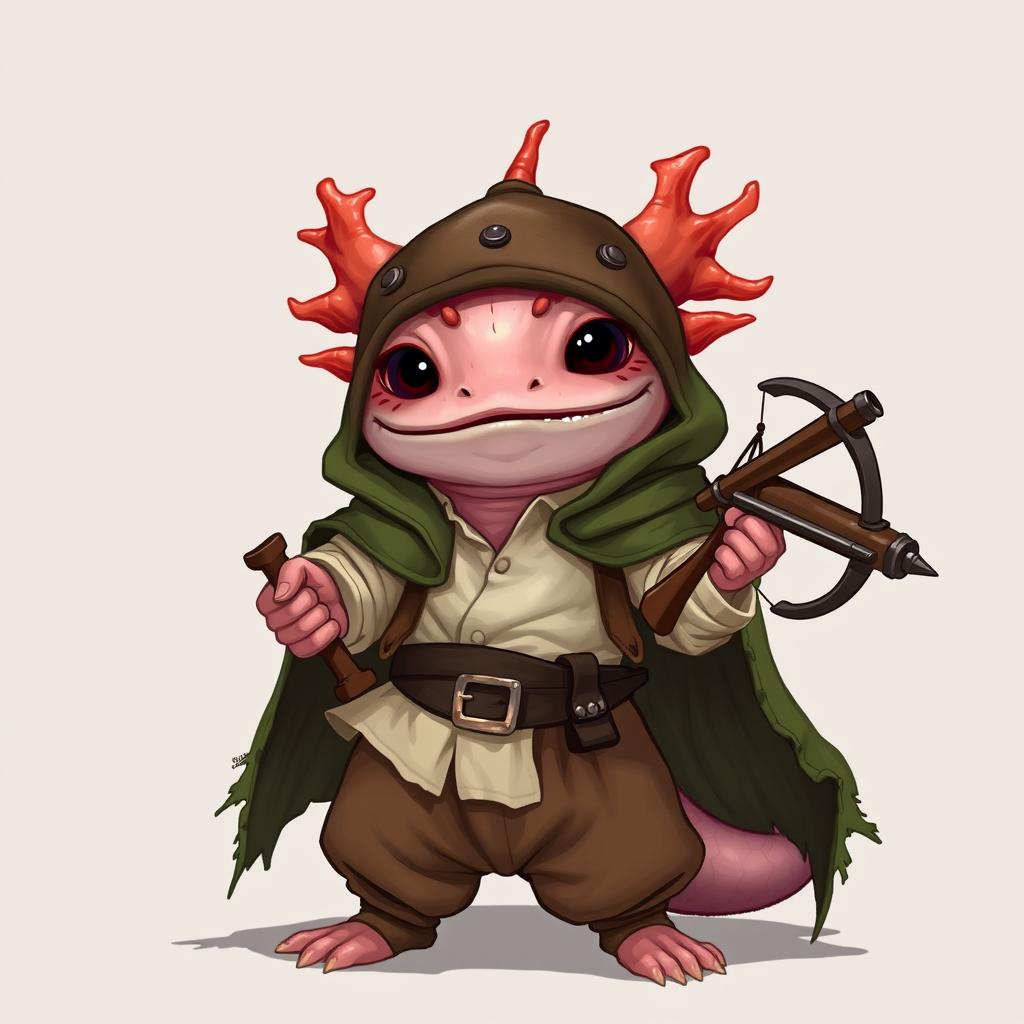 A whimsical axolotl wizard, standing confidently while holding a hand crossbow