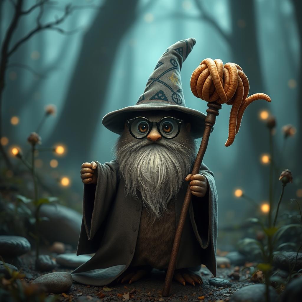 A whimsical and enchanting scene featuring a mole wizard, complete with a tall, pointed stereotypical wizard's hat and a flowing long robe adorned with magical symbols