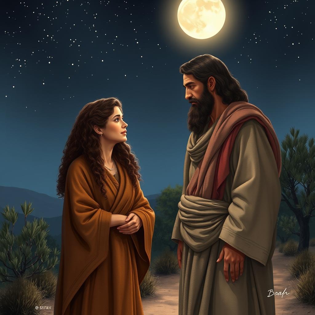 A realistic depiction of a nighttime encounter from the Hebrew Bible, featuring Ruth, a poor woman with long, curly hair and a gentle demeanor, meeting Boaz, a rich man characterized by his stately presence