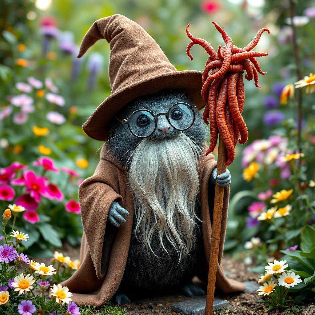 An adorable English garden mole as a wizard, wearing a stereotypical tall wizard hat, and a long, flowing robe