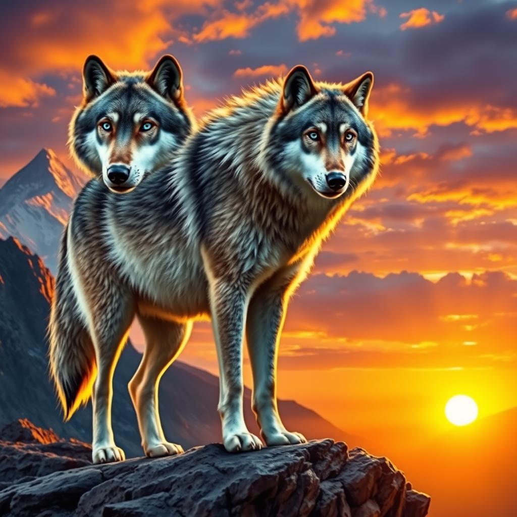 A majestic wolf standing on a rocky cliff with a breathtaking mountain landscape in the background