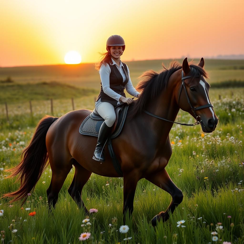A person riding a majestic brown horse through a serene meadow filled with wildflowers