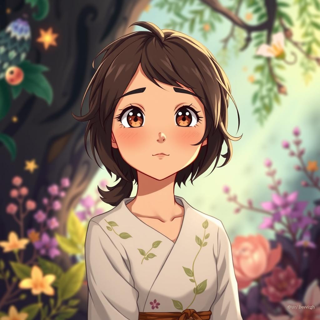A beautifully illustrated portrait in the Ghibli animation style, depicting a young adult with a warm, medium skin tone similar to the reference provided
