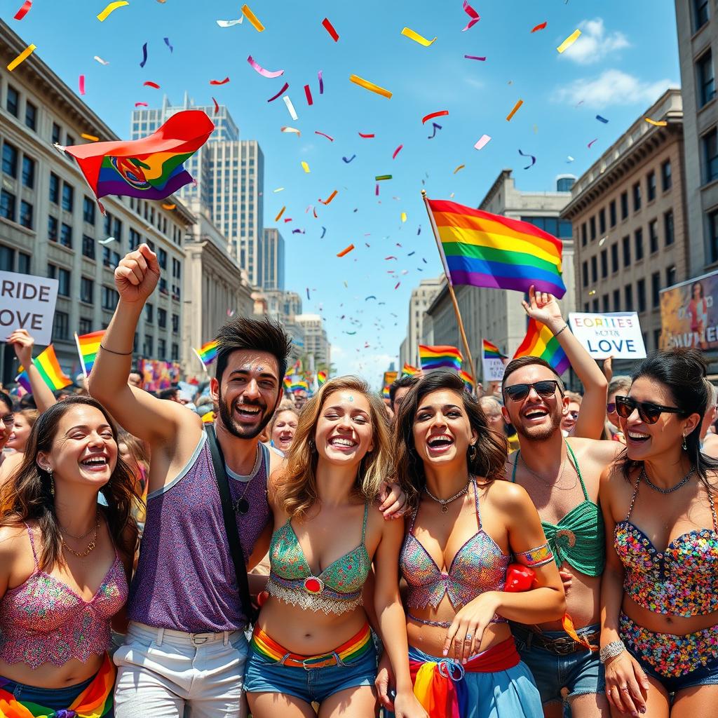 A vibrant and colorful Pride parade scene filled with joyous people celebrating diversity and acceptance