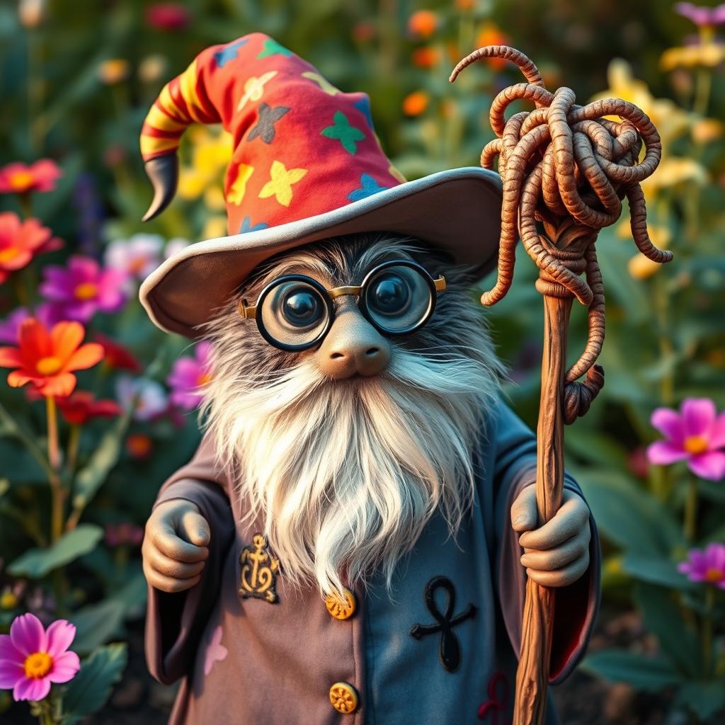 A whimsical garden mole wizard, wearing a colorful stereotypical wizard's hat and a flowing long robe adorned with magical symbols