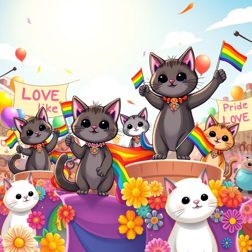 A whimsical and playful scene combining elements of a Pride parade with cute, cartoonish cats celebrating in a colorful and vibrant setting