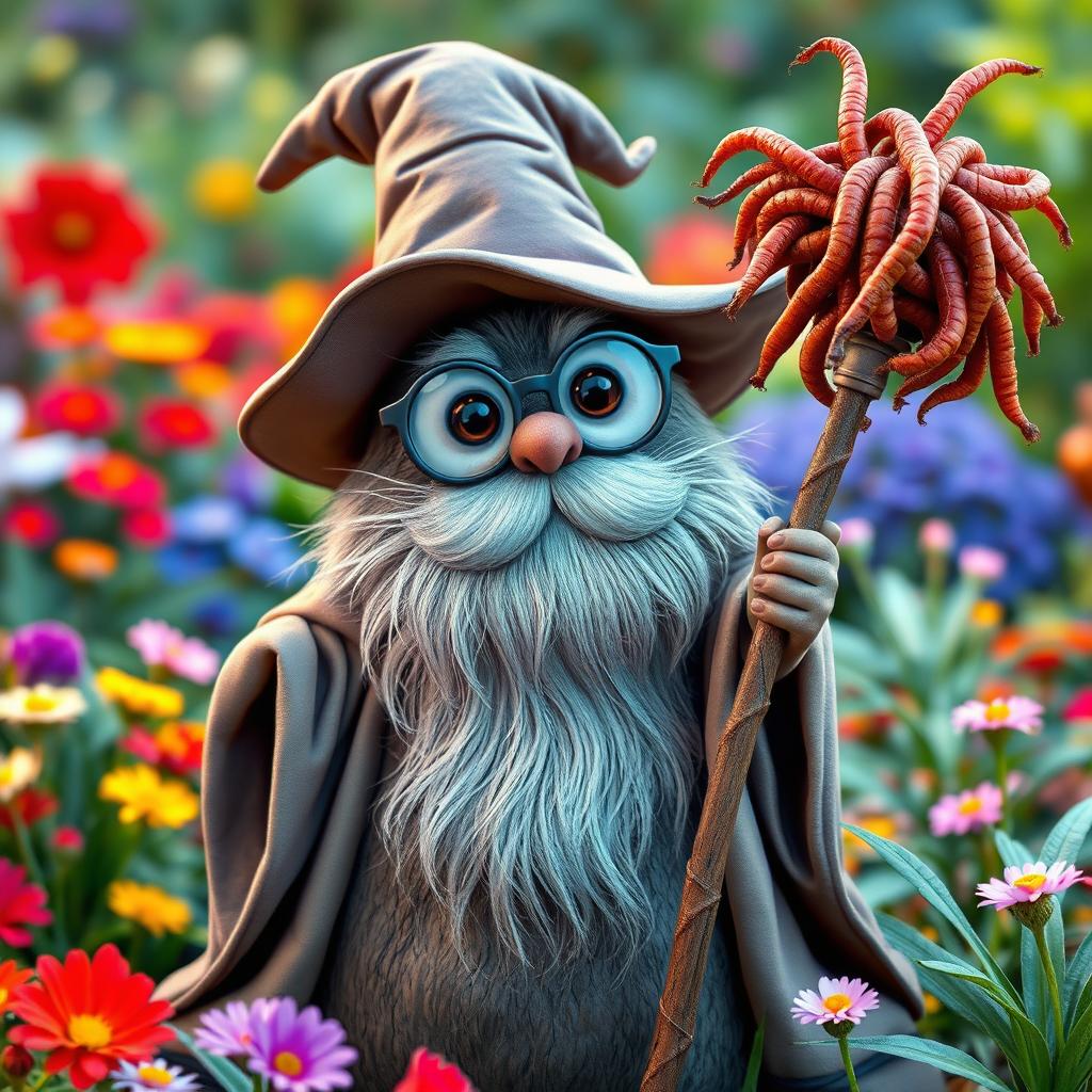 A whimsical garden mole character depicted as a wizard, wearing a classic pointed wizard hat and a long flowing robe