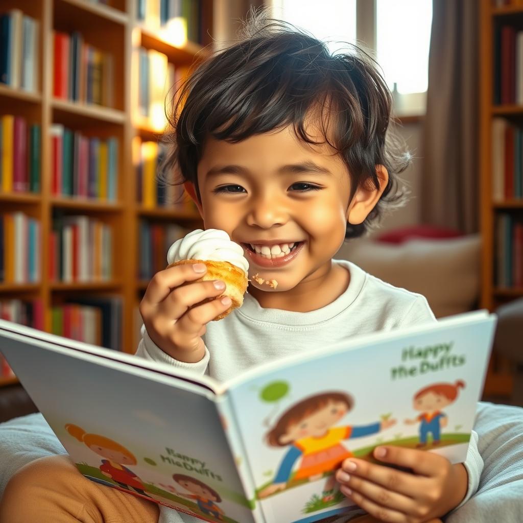 A joyful child eating a cream puff while reading a colorful book