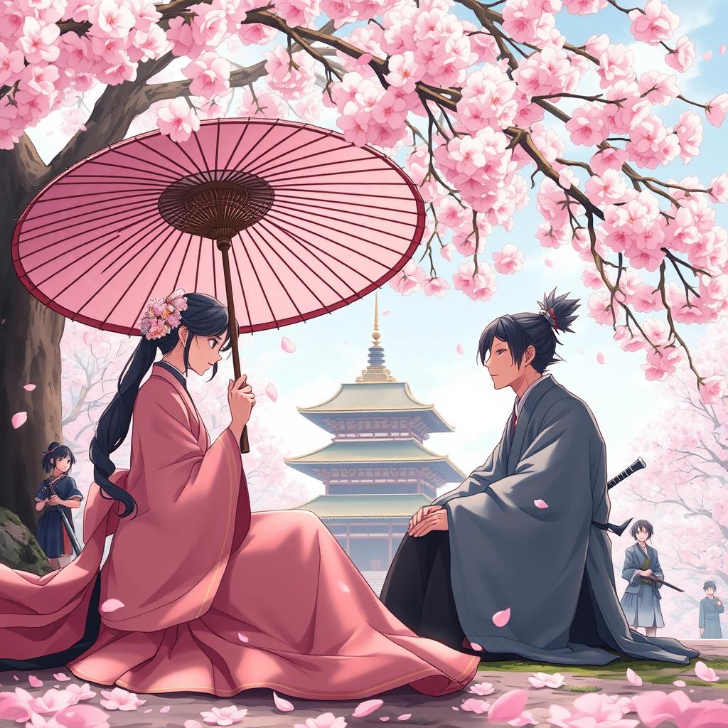 A serene scene under cherry blossom trees, where a young woman named Kagura sits gracefully, whispering ancient charms to her intricately designed Seimei umbrella