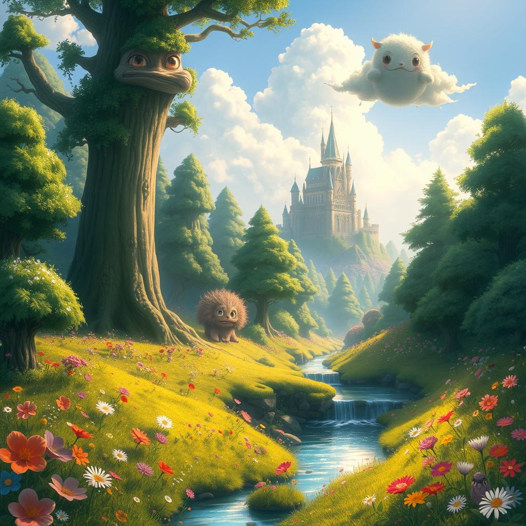 A beautiful, whimsical landscape depicting a lush, green forest dotted with vibrant flowers, sparkling streams, and fantastical creatures inspired by Studio Ghibli's enchanting style