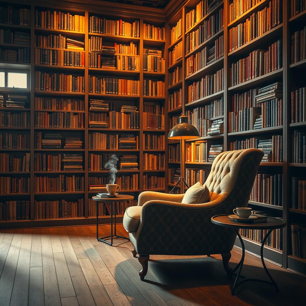 A cozy library scene featuring tall shelves filled with books, a beautifully designed armchair, and warm ambient light illuminating the space