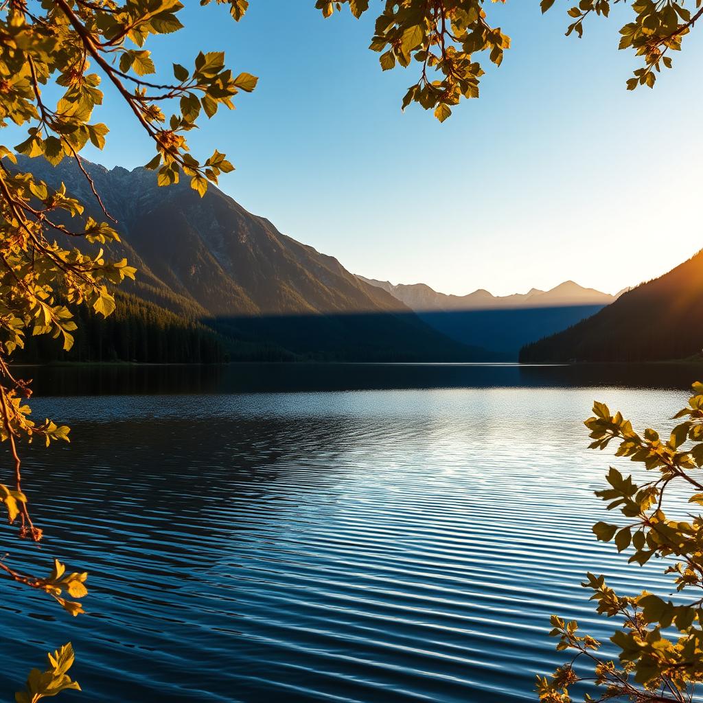 A sharp and high-resolution photograph of a serene landscape featuring a calm lake reflecting the blue sky, surrounded by lush green forests and majestic mountains in the background