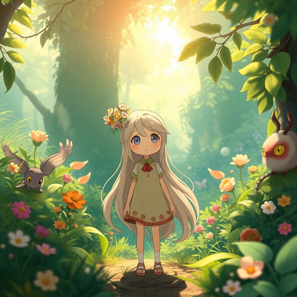 A whimsical character in a Studio Ghibli-inspired scene, featuring an enchanting landscape with soft, ethereal colors