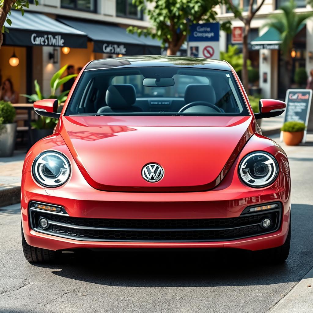 An updated and modern version of the classic Volkswagen Beetle, featuring a sleek and aerodynamic design, LED headlights, a contemporary interior with digital displays, and vibrant color options