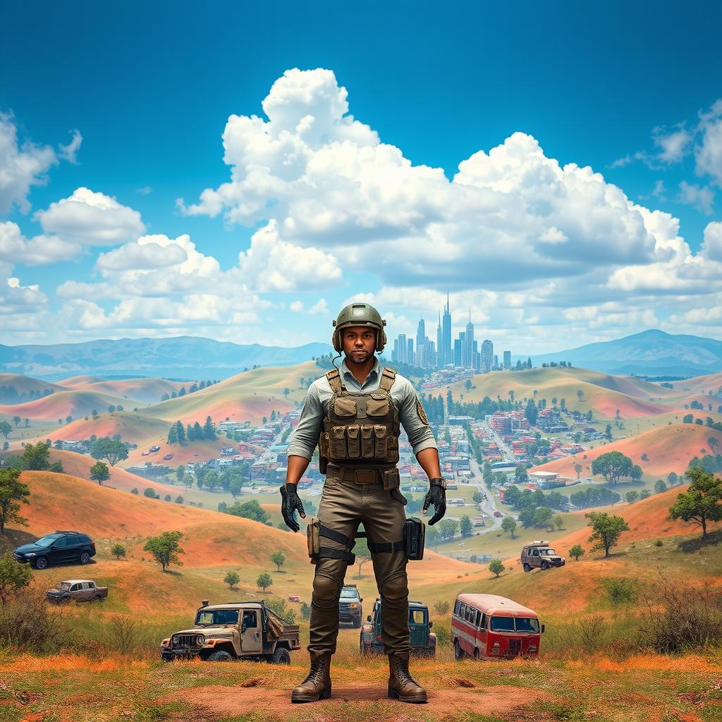 A vibrant and dynamic image depicting a person standing confidently in the foreground of a colorful and lively outdoor scene inspired by a popular battle royale game