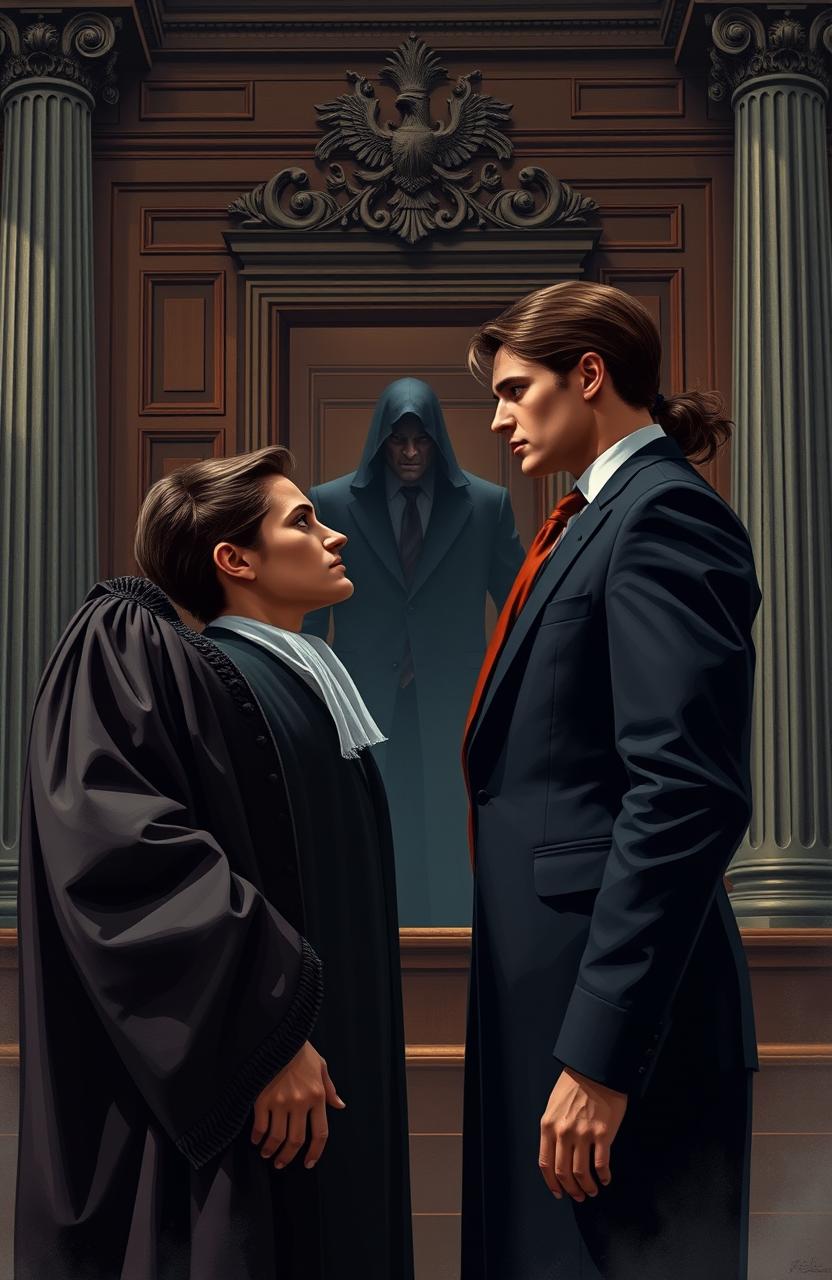 A dramatic scene depicting a judge in formal robes gazing longingly at a charismatic district attorney (DA) in a powerful pose, both standing in a grand courthouse