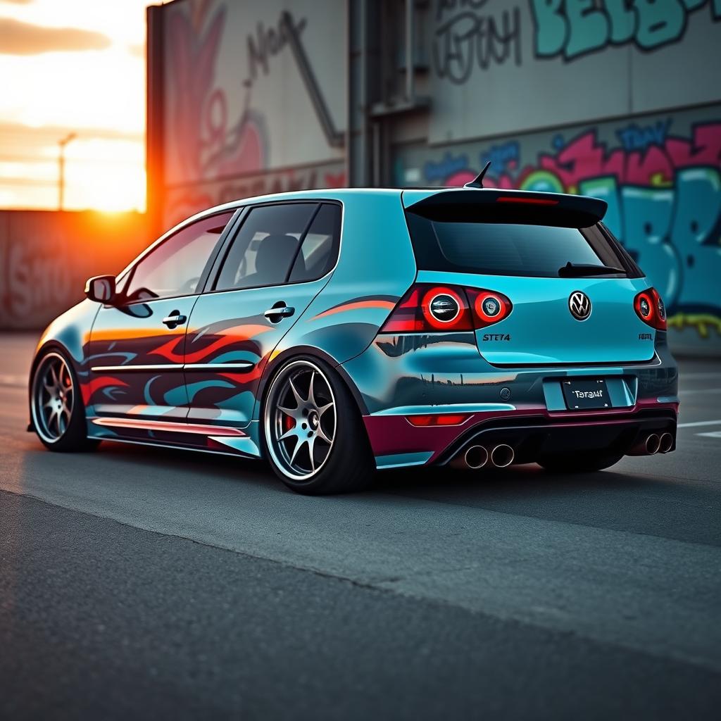 A sleek, modified Volkswagen Golf MK4 showcasing an array of tuning enhancements