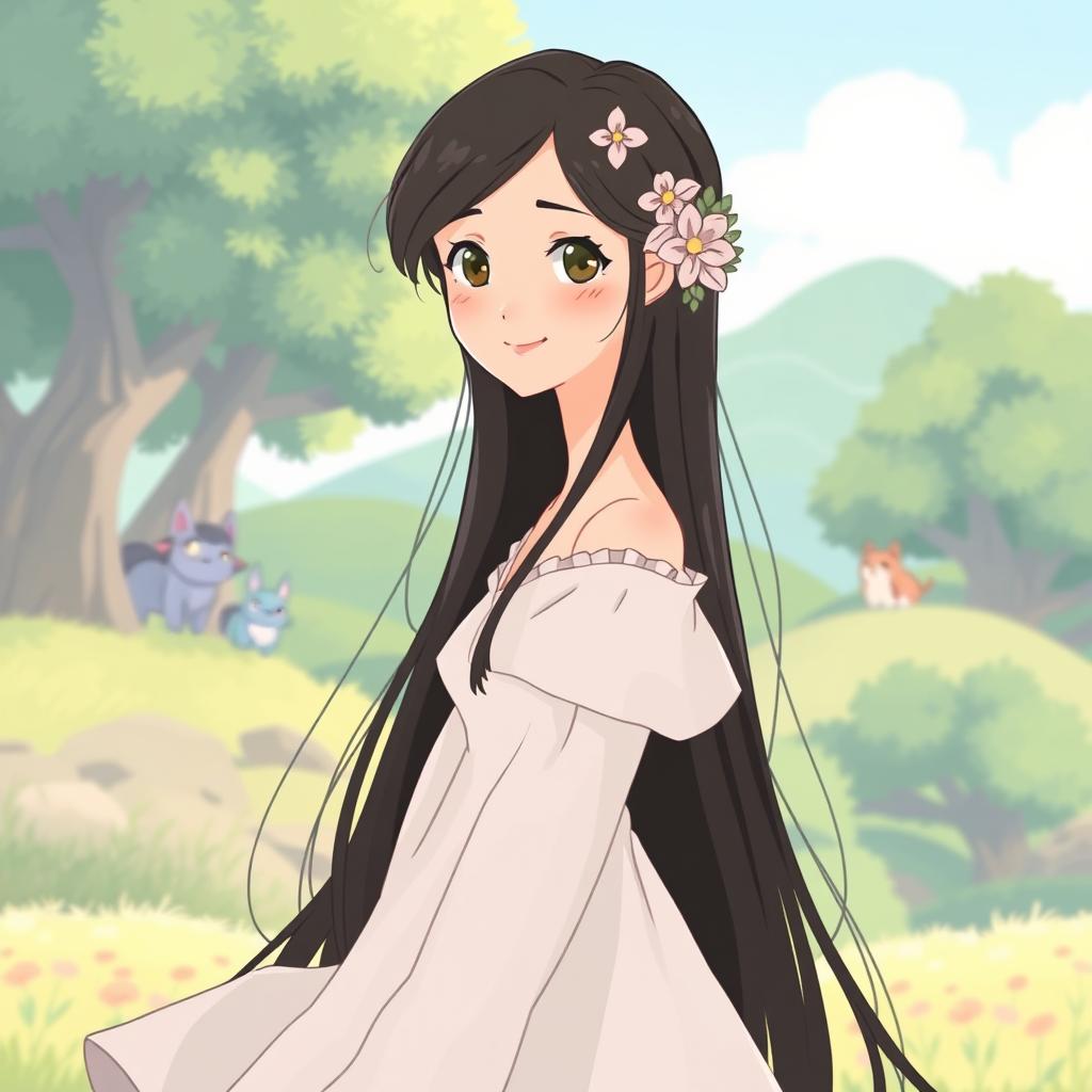 A beautifully stylized animated portrait in the charming and whimsical Ghibli art style, featuring a serene landscape in the background with soft, pastel colors