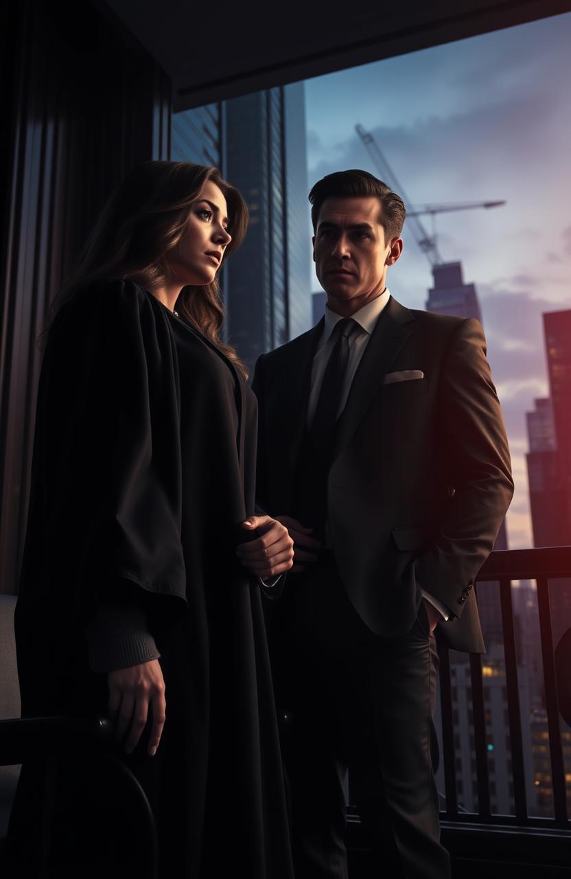 A dramatic scene unfolds in an urban setting where a stern but alluring female Judge, dressed in a formal judicial robe, finds herself caught between her professional duties and her growing affection for a charismatic District Attorney