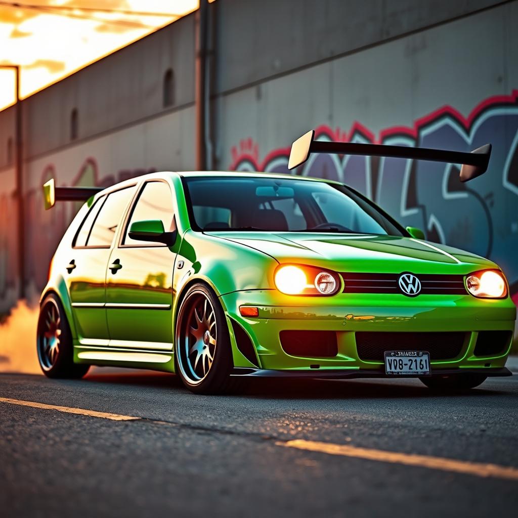 A dramatic, high-energy scene showcasing a modified Volkswagen Golf MK4, featuring its sleek lines and aggressive stance