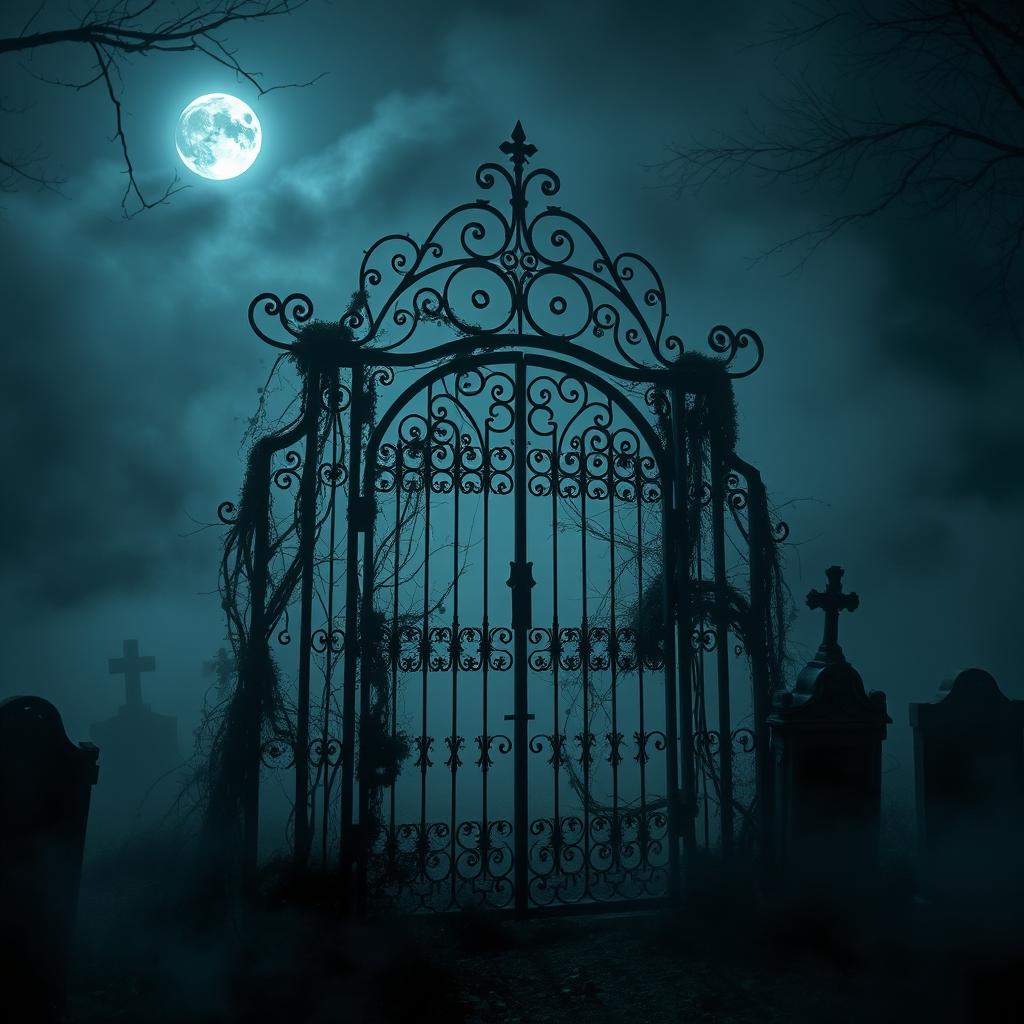 A hauntingly atmospheric scene featuring an antique wrought iron cemetery gate at night, shrouded in thick fog that envelops the surroundings, creating an eerie and mysterious ambiance