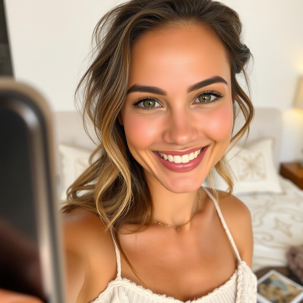 A woman taking a candid selfie, capturing an intimate moment with a warm smile, glowing skin, and natural beauty