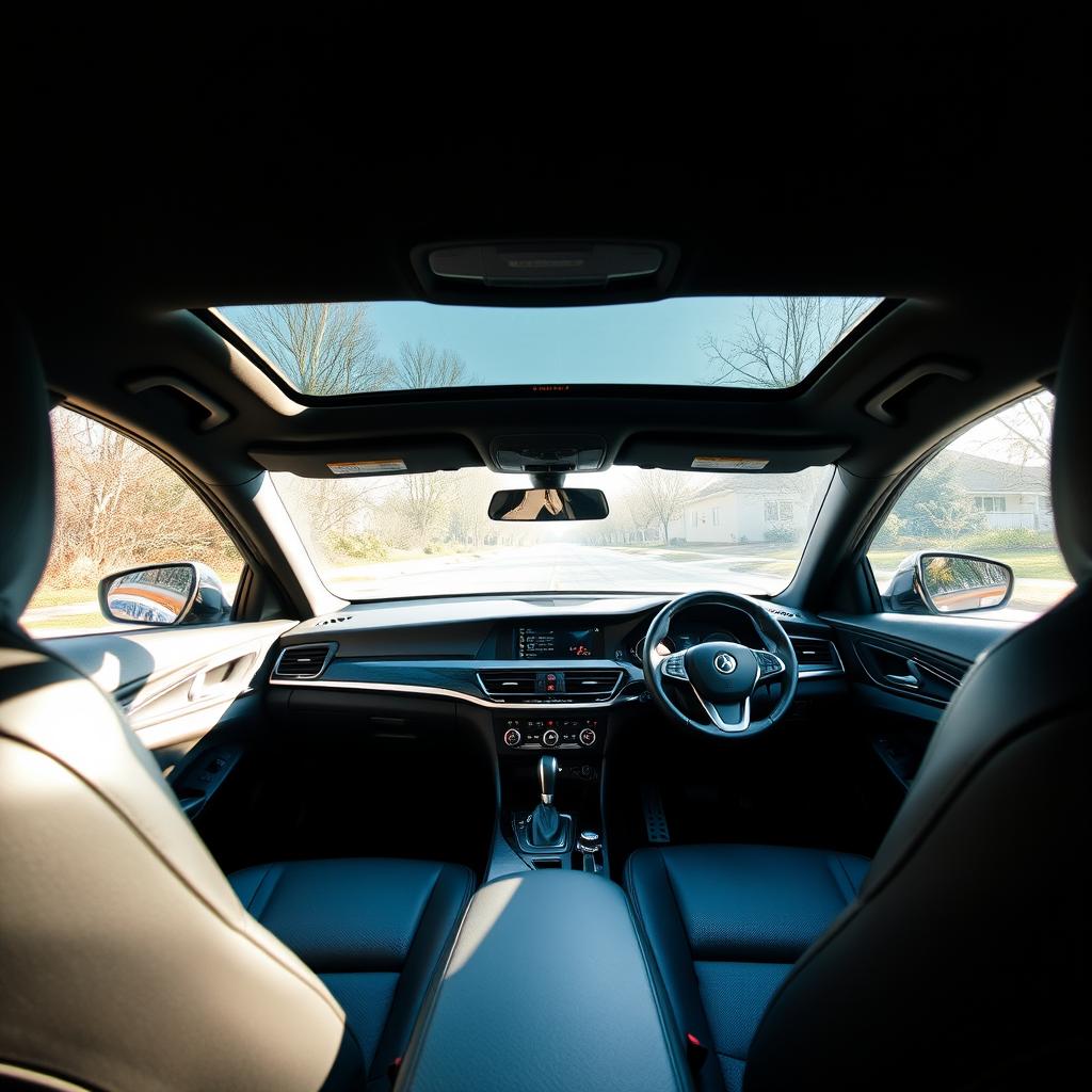 An interior view of a car from the driver's seat perspective, showcasing the dashboard, steering wheel, and the empty back seat