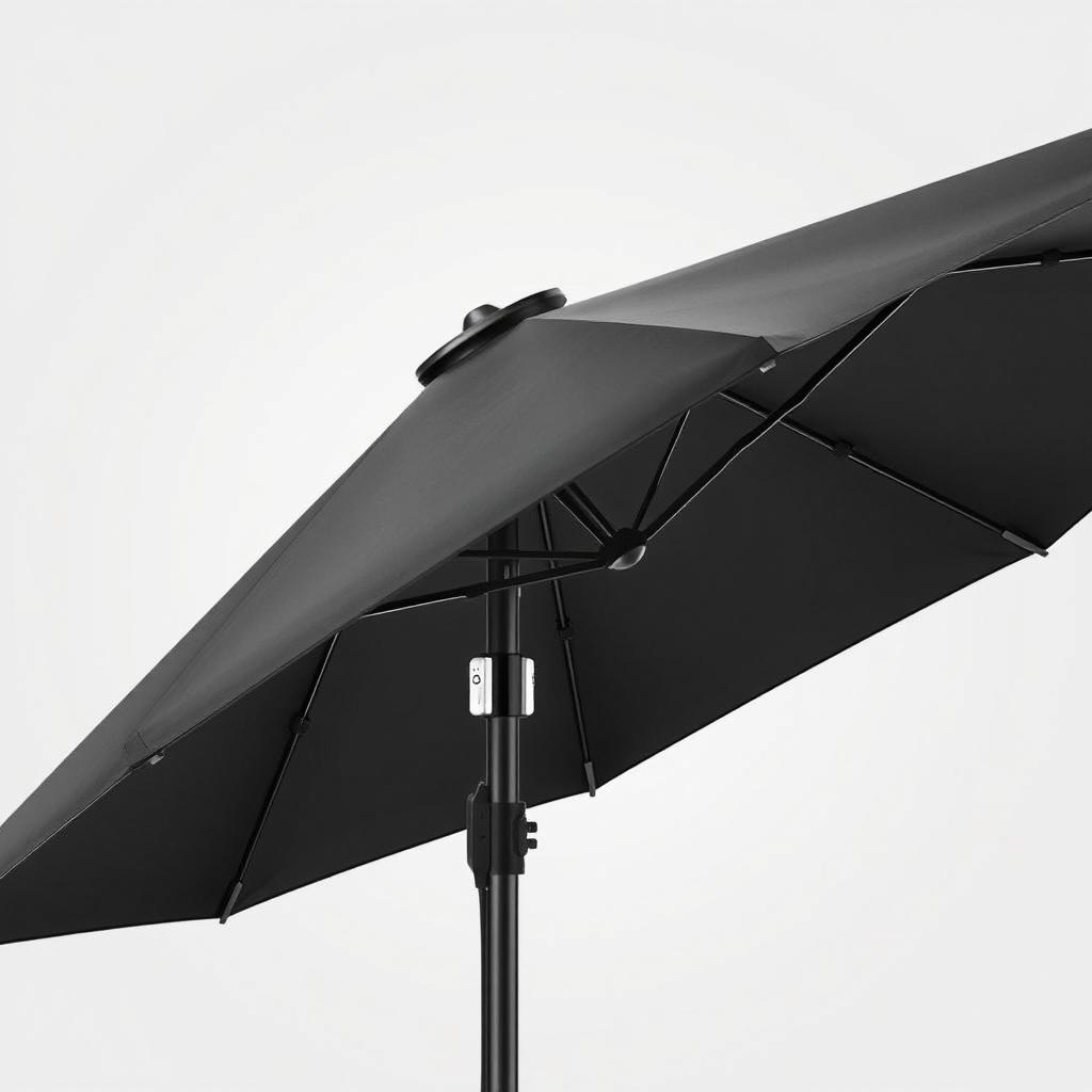 A sleek black solar umbrella featuring solar panels on the top