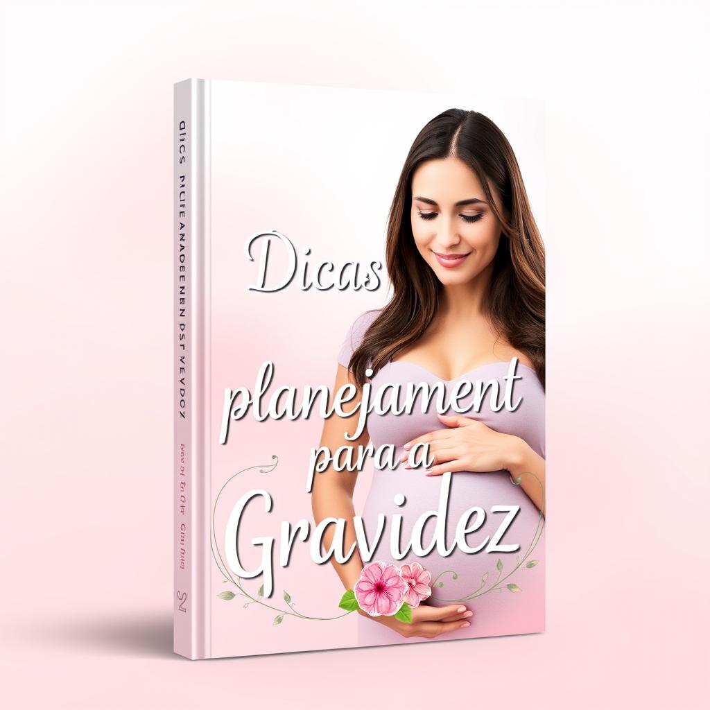 A captivating e-book cover titled 'Dicas de Planejamento para a Gravidez', featuring a serene expectant mother with a gentle smile, cradling her baby bump