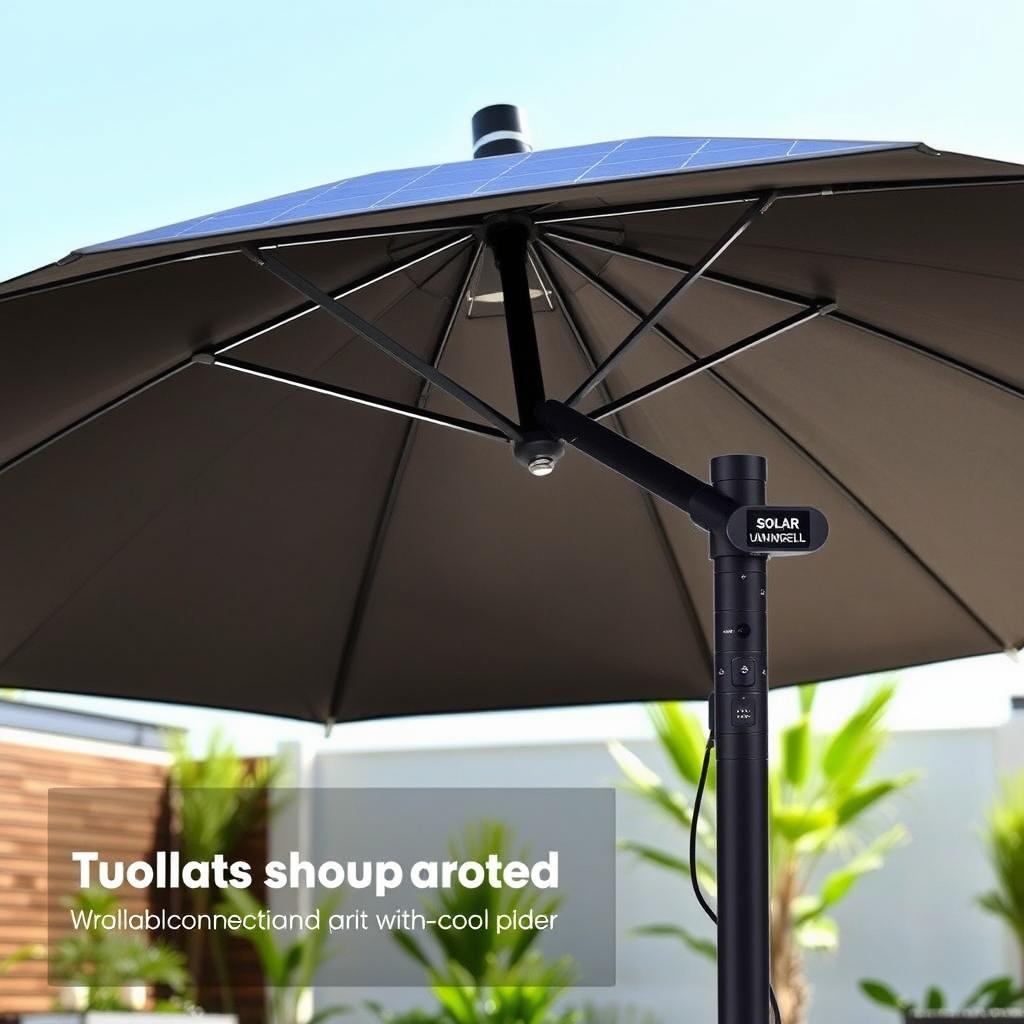 A sleek black solar umbrella featuring solar panels on the top, elegantly designed to harness energy