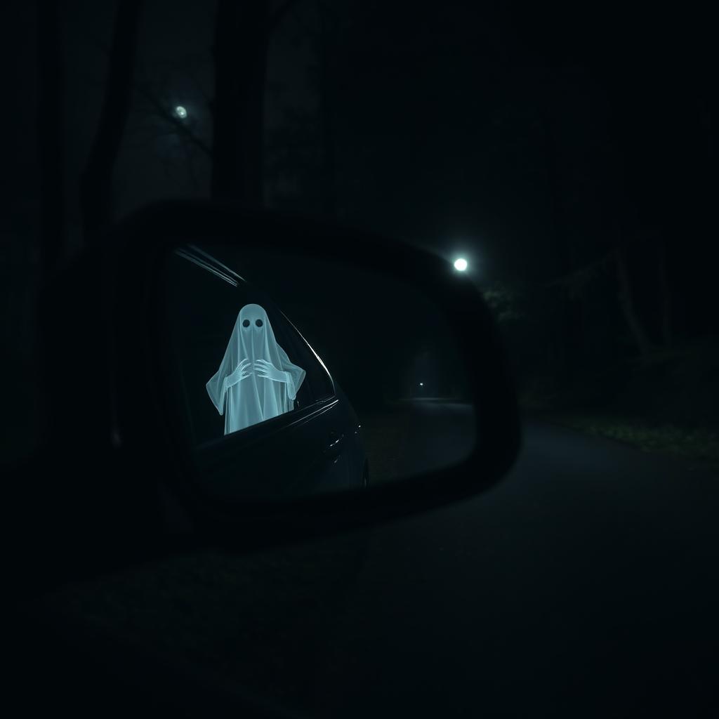 A chilling scene featuring a nighttime view of a car's side mirror reflecting a ghostly figure