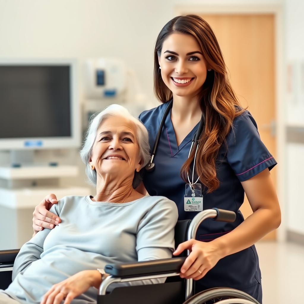 An attractive female nurse assisting a patient in a wheelchair, exuding professionalism and care