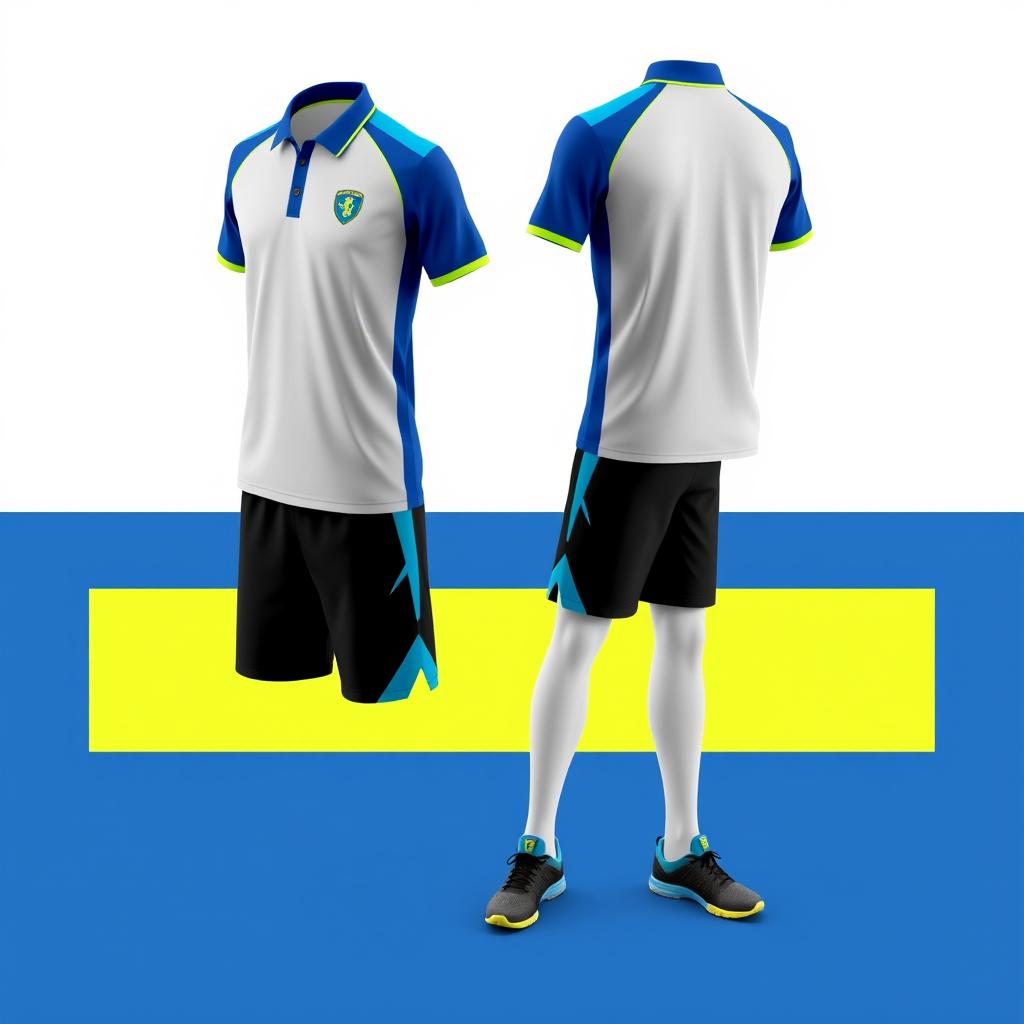 A stylish and modern design for club badminton clothing, featuring a sleek and sporty polo shirt with moisture-wicking fabric, vibrant colors like electric blue and neon green, and the club's emblem embroidered on the chest