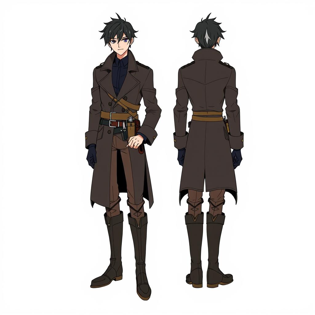 A character wearing a long, dark trench coat with a high collar over a black shirt, combined with brown pants and knee-high boots