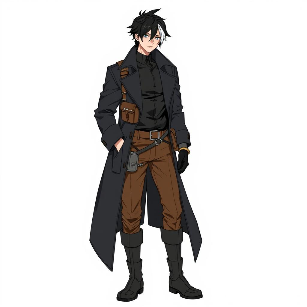 A character dressed in a long, dark trench coat featuring a high collar, layered over a sleek black shirt