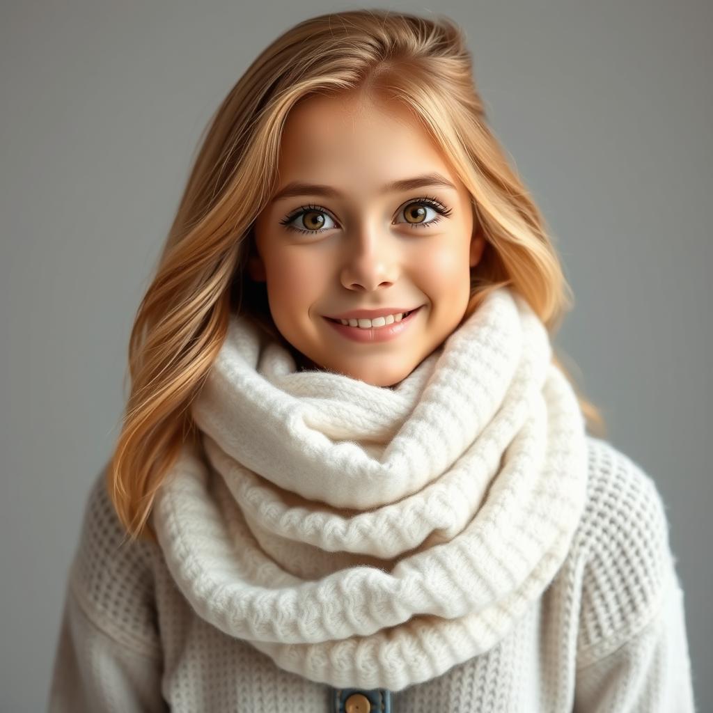 A full-body portrait of a friendly young woman with warm brown eyes and golden-brown hair