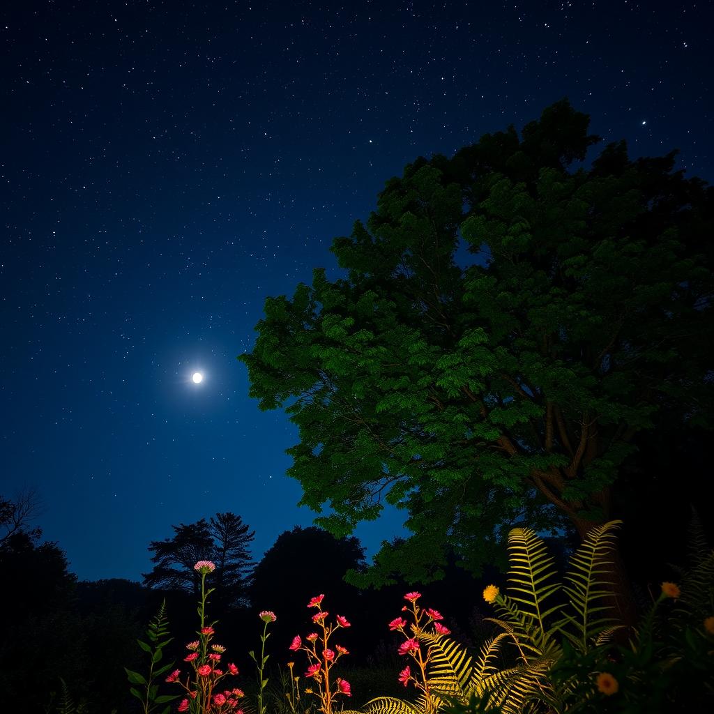 A stunning nighttime nature scene featuring a starry sky filled with twinkling stars, softly glowing moonlight filtering through lush green trees, and a calm, serene atmosphere