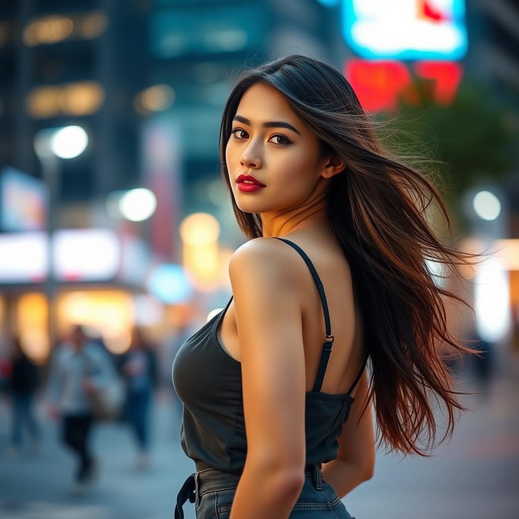 A young woman with an attractive appearance, wearing a stylish outfit that accentuates her figure