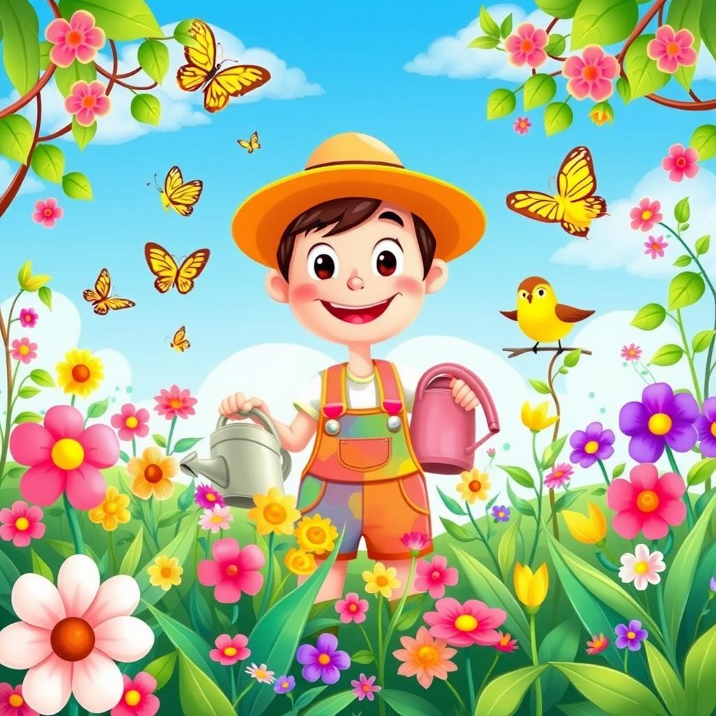 A whimsical illustrated scene featuring a vibrant garden filled with colorful flowers, lush green plants, and a bright blue sky