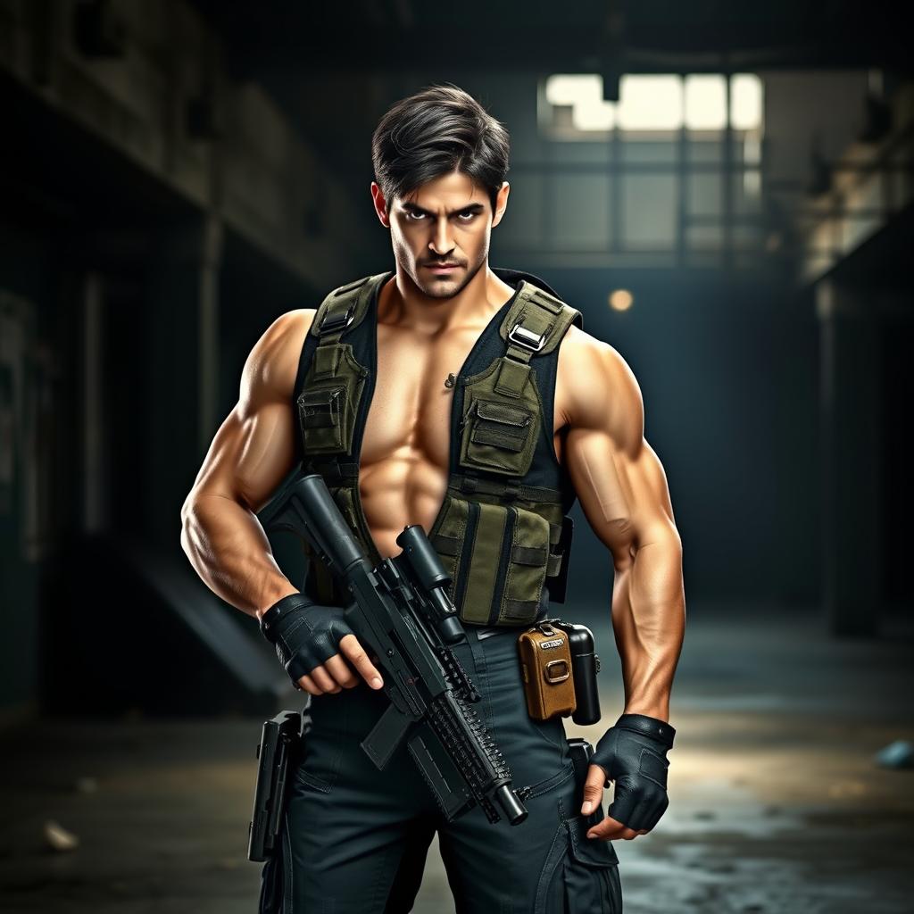 A muscular man resembling Chris Redfield from Resident Evil, standing confidently in a dynamic pose