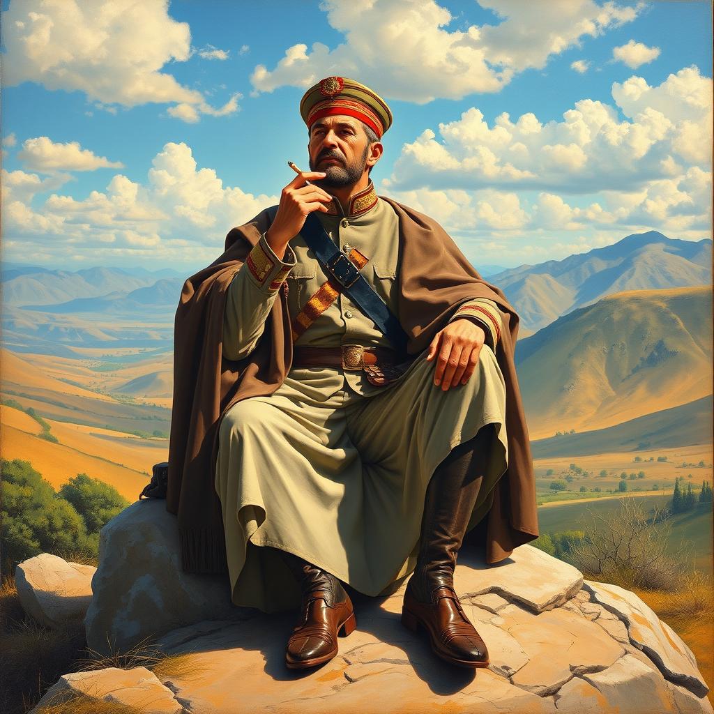 A picturesque painting of Theodoros Kolokotronis, a Greek general and revolutionary leader, elegantly smoking a traditional cigarette while seated on a large rock
