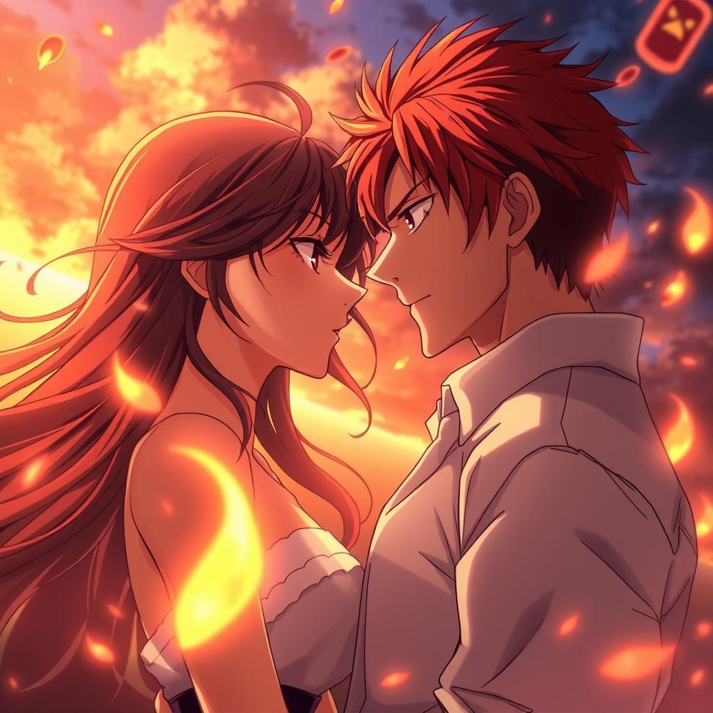 An anime-style romantic scene featuring a couple standing inches apart, enveloped in intense tension as if time has frozen just before they give in