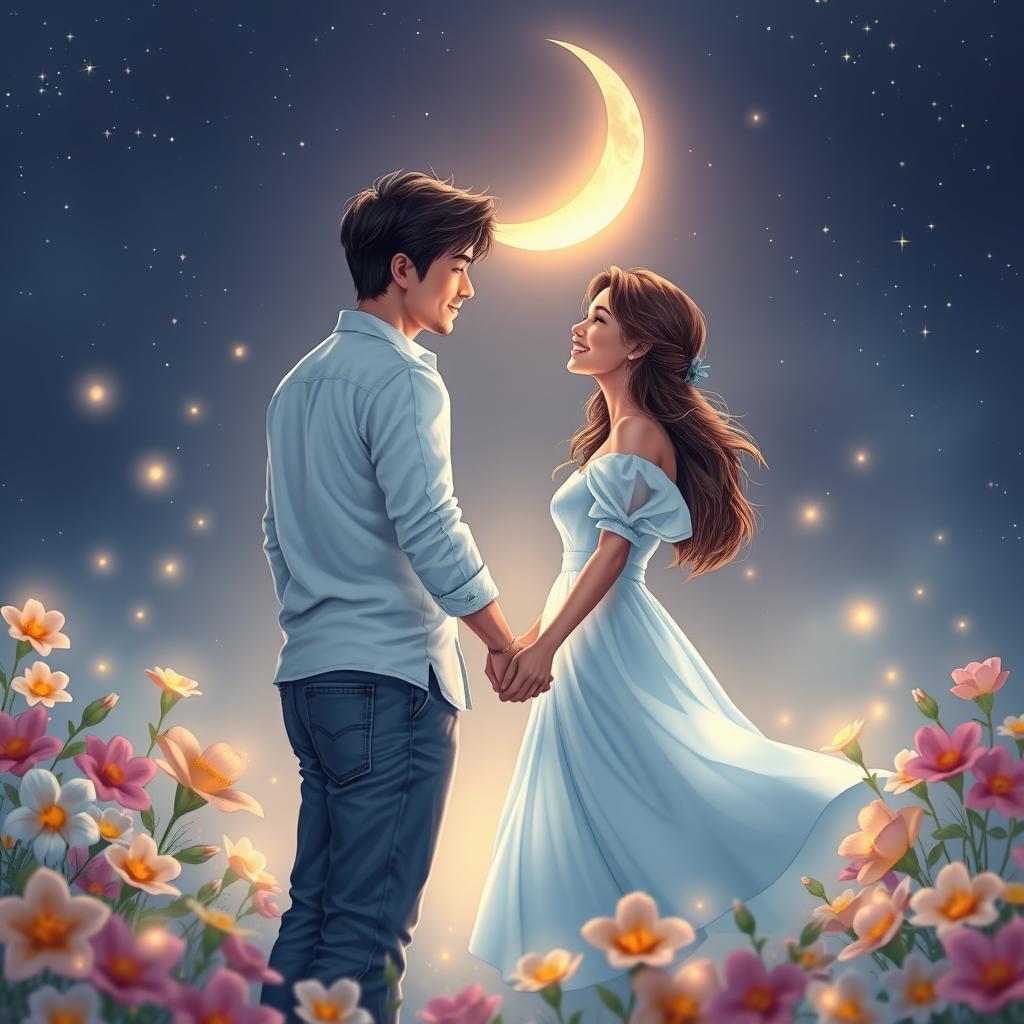 A stunning digital art piece depicting a romantic scene between two lovers under a starlit sky, surrounded by soft, blooming flowers