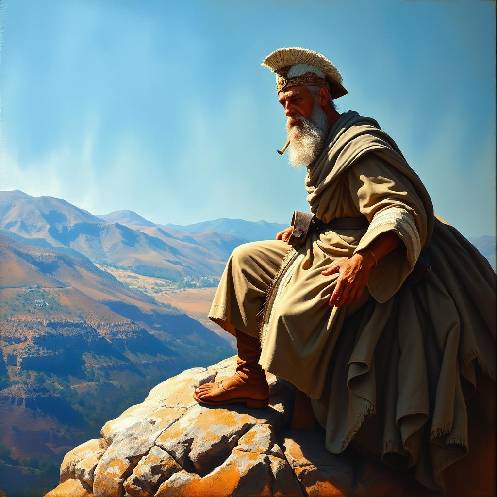 A stunning oil painting of the Greek chieftain Theodoros Kolokotronis, depicted smoking a traditional cigarette while perched on a rugged rock