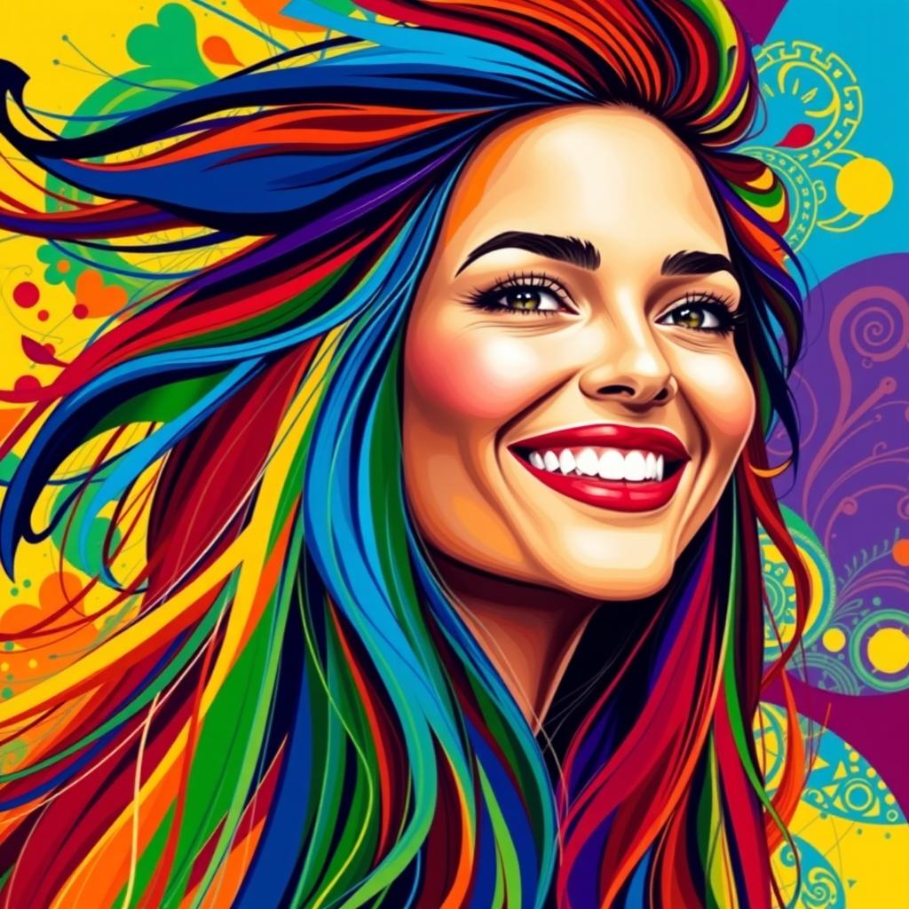 A vivid and colorful abstract portrait of a woman, showcasing her long flowing hair with an explosion of different colors such as blue, red, green, and yellow