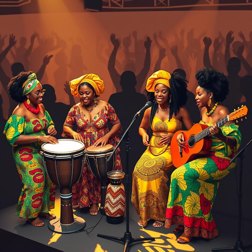 A vibrant AfroBeat music scene featuring a group of lively female musicians known as 'As Primas', playing traditional instruments like the djembe and the kora, with colorful clothing inspired by African culture