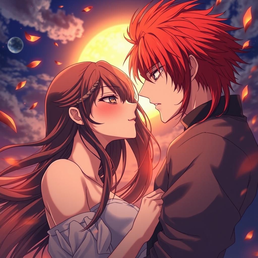 An anime-style romantic scene featuring a couple standing inches apart, engulfed in intense tension as if time has frozen just before they give in